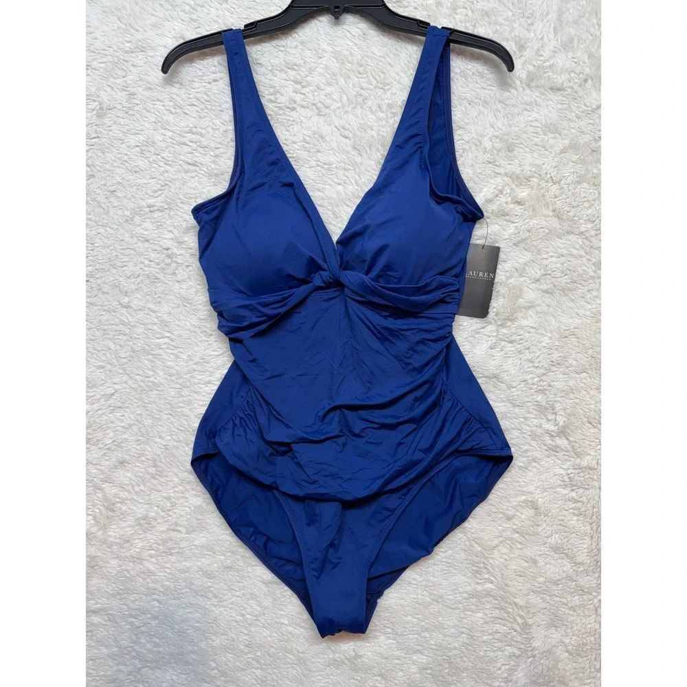Lauren Ralph Lauren Swimsuit Women XXL Blue Surplice‎ Ruched One Piece NWT